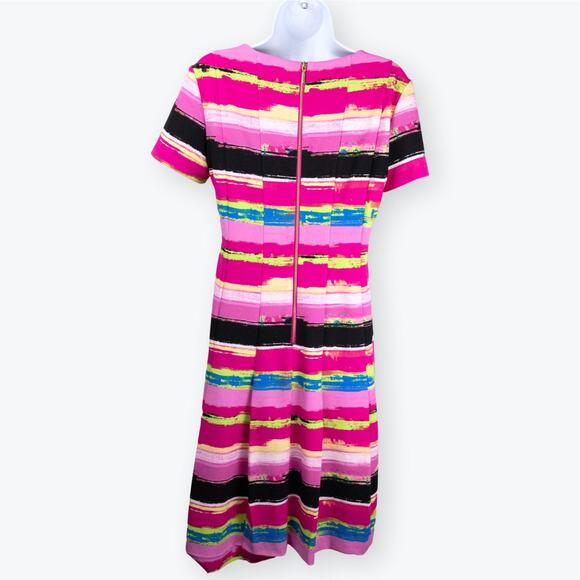 Tahari ASL Hot Pink Striped Scuba Pleated Fit-and-Flare Dress 4 - Picture 5 of 11